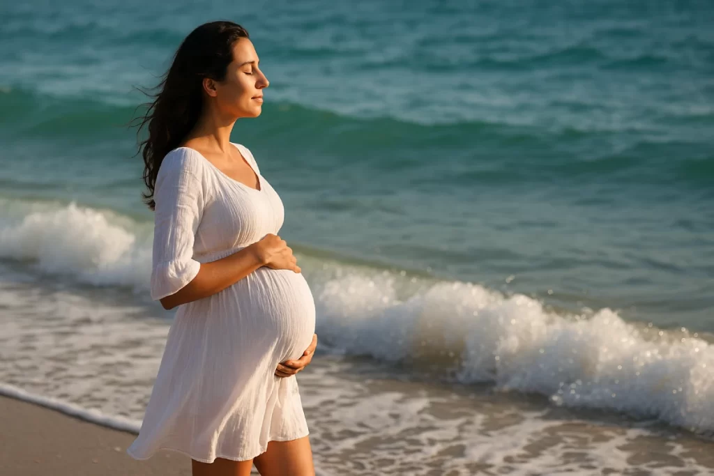 عکس مادر باردار کنار دریا