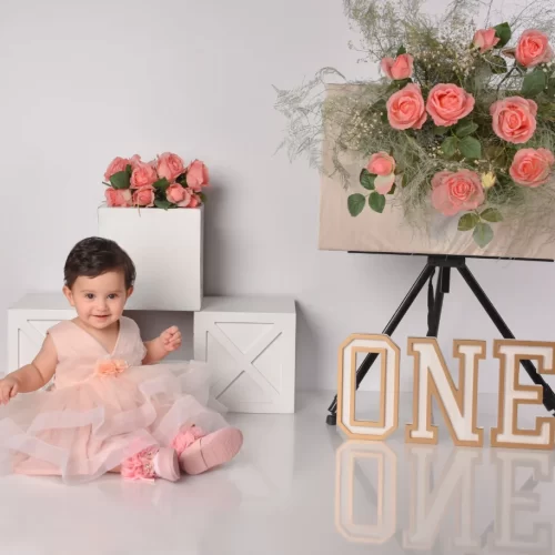 عکس تولد یکسالگی نوزاد دختر با تم صورتی و دکور عدد یک و باکس چوبی به همراه بوم نقاشی و گل رز صورتی